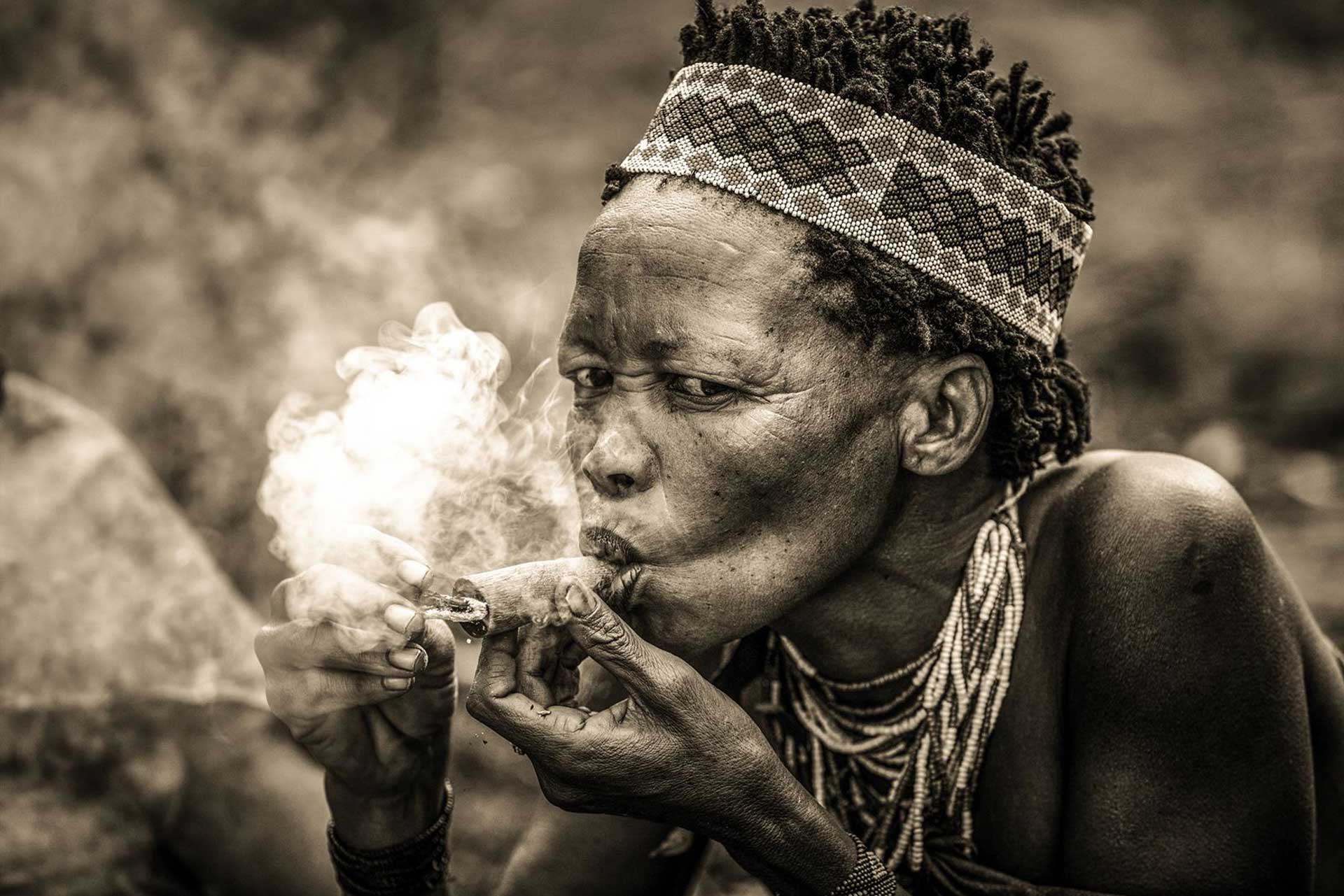 Old San Woman Smoking, Central Kalahari Game Resort, Authentic Botswana Tours